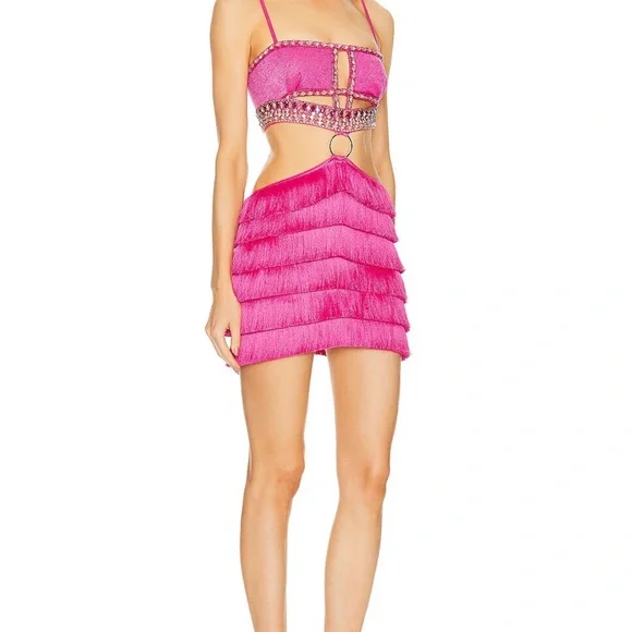 Patbo hand beaded jeweled pink fringe cut out dress XS - Picture 3 of 7